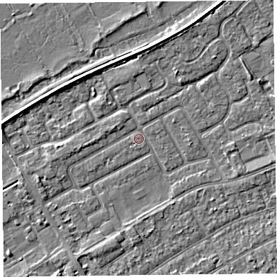 Shaded relief map of the ground around PR99XN, computed from Environment Agency LiDAR. The ground here sits at about 5 m above sea level and falls 3 m across the surrounding 800 m. Surface water reaching this point runs off ground lying to the south-south-west, 1.7 m higher.