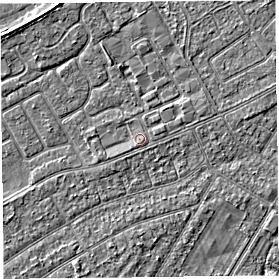 Shaded relief map of the ground around PR99XP, computed from Environment Agency LiDAR. The ground here sits at about 5 m above sea level and falls 3 m across the surrounding 800 m. Surface water reaching this point runs off ground lying to the south-south-west, 0.5 m higher.