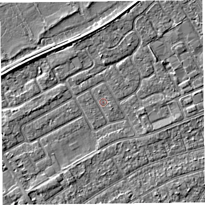 Shaded relief map of the ground around PR99XQ, computed from Environment Agency LiDAR. The ground here sits at about 5 m above sea level and falls 3 m across the surrounding 800 m. Surface water reaching this point runs off ground lying to the south-west, 1.6 m higher.