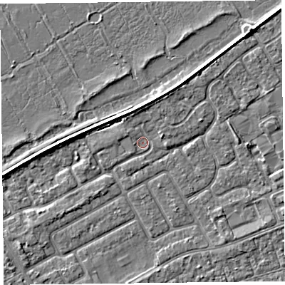 Shaded relief map of the ground around PR99XT, computed from Environment Agency LiDAR. The ground here sits at about 5 m above sea level and falls 3 m across the surrounding 800 m. Surface water reaching this point runs off ground lying to the north-north-west, 2.0 m higher.