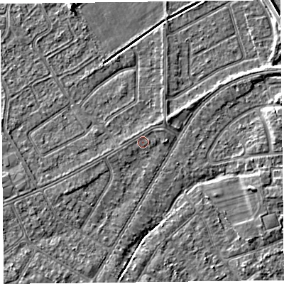 Shaded relief map of the ground around PR99YB, computed from Environment Agency LiDAR. The ground here sits at about 5 m above sea level and falls 4 m across the surrounding 800 m. The ground contributing surface water to this point lies to the north-west.