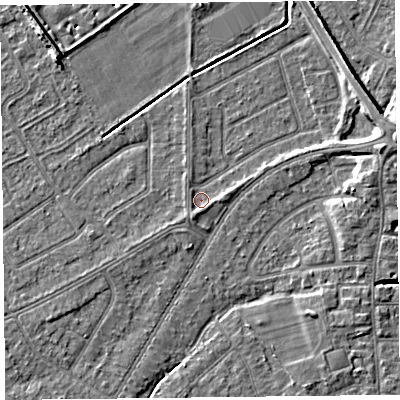 Shaded relief map of the ground around PR99YD, computed from Environment Agency LiDAR. The ground here sits at about 5 m above sea level and falls 8 m across the surrounding 800 m. Surface water reaching this point runs off ground lying to the south-south-west, 1.1 m higher.