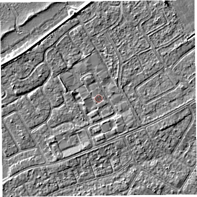 Shaded relief map of the ground around PR99YF, computed from Environment Agency LiDAR. The ground here sits at about 5 m above sea level and falls 4 m across the surrounding 800 m. Surface water reaching this point runs off ground lying to the south-south-west, 1.4 m higher.