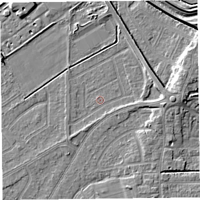 Shaded relief map of the ground around PR99YH, computed from Environment Agency LiDAR. The ground here sits at about 5 m above sea level and falls 9 m across the surrounding 800 m. Surface water reaching this point runs off ground lying to the east, 3.7 m higher.