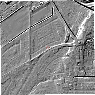 Shaded relief map of the ground around PR99YJ, computed from Environment Agency LiDAR. The ground here sits at about 5 m above sea level and falls 9 m across the surrounding 800 m. Surface water reaching this point runs off ground lying to the east-north-east, 3.7 m higher.