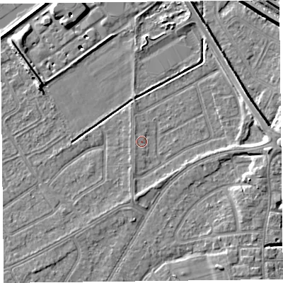 Shaded relief map of the ground around PR99YP, computed from Environment Agency LiDAR. The ground here sits at about 5 m above sea level and falls 8 m across the surrounding 800 m. Surface water reaching this point runs off ground lying to the east, 3.8 m higher.