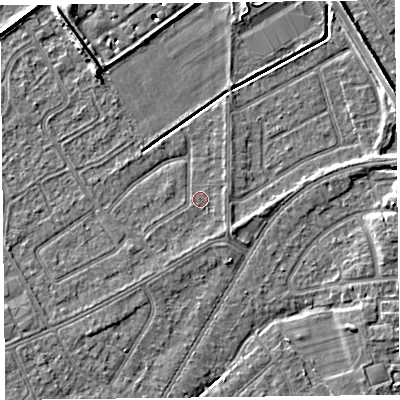 Shaded relief map of the ground around PR99YU, computed from Environment Agency LiDAR. The ground here sits at about 5 m above sea level and falls 7 m across the surrounding 800 m. Surface water reaching this point runs off ground lying to the south-east, 0.9 m higher.