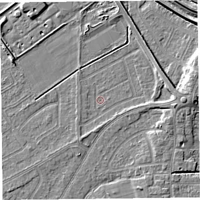 Shaded relief map of the ground around PR99YW, computed from Environment Agency LiDAR. The ground here sits at about 4 m above sea level and falls 9 m across the surrounding 800 m. Surface water reaching this point runs off ground lying to the east, 3.8 m higher.