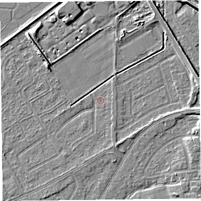 Shaded relief map of the ground around PR99YX, computed from Environment Agency LiDAR. The ground here sits at about 5 m above sea level and falls 8 m across the surrounding 800 m. Surface water reaching this point runs off ground lying to the south-south-east, 1.3 m higher.