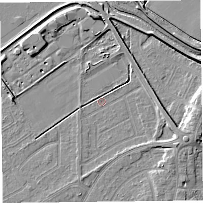 Shaded relief map of the ground around PR99YY, computed from Environment Agency LiDAR. The ground here sits at about 4 m above sea level and falls 10 m across the surrounding 800 m. Surface water reaching this point runs off ground lying to the east-south-east, 4.9 m higher.