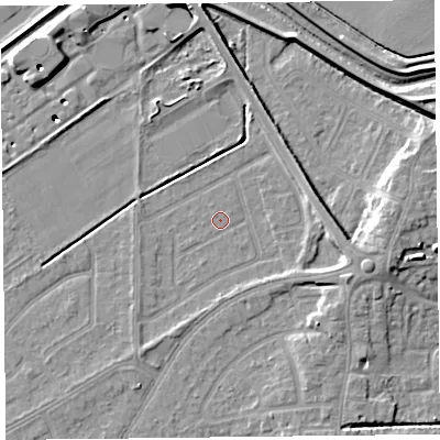 Shaded relief map of the ground around PR99YZ, computed from Environment Agency LiDAR. The ground here sits at about 4 m above sea level and falls 10 m across the surrounding 800 m. Surface water reaching this point runs off ground lying to the east-south-east, 3.8 m higher.