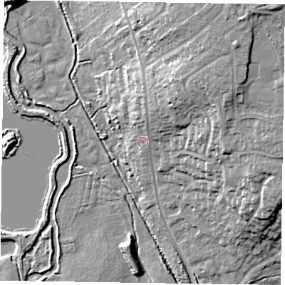 Shaded relief map of the ground around RG100AN, computed from Environment Agency LiDAR. The ground here sits at about 39 m above sea level and falls 20 m across the surrounding 800 m. Surface water reaching this point runs off ground lying to the north-east, 9.8 m higher.
