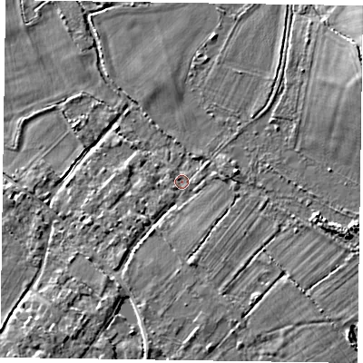 Shaded relief map of the ground around RG100BP, computed from Environment Agency LiDAR. The ground here sits at about 37 m above sea level and falls 5 m across the surrounding 800 m. Surface water reaching this point runs off ground lying to the south-south-west, 2.7 m higher.