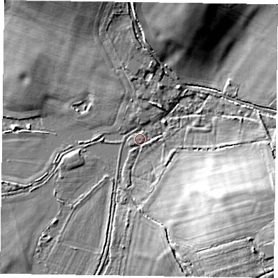 Shaded relief map of the ground around RG100BS, computed from Environment Agency LiDAR. The ground here sits at about 37 m above sea level and falls 12 m across the surrounding 800 m. Surface water reaching this point runs off ground lying to the south-east, 11.4 m higher.