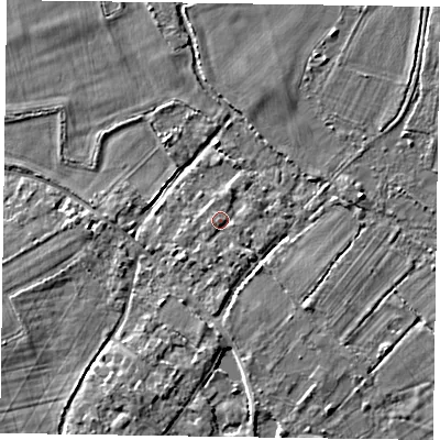 Shaded relief map of the ground around RG100BZ, computed from Environment Agency LiDAR. The ground here sits at about 38 m above sea level and falls 5 m across the surrounding 800 m. Surface water reaching this point runs off ground lying to the south-south-west, 1.3 m higher.