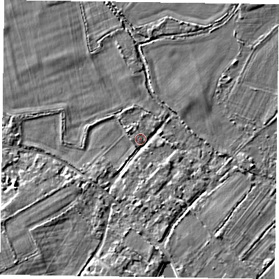 Shaded relief map of the ground around RG100DH, computed from Environment Agency LiDAR. The ground here sits at about 37 m above sea level and falls 4 m across the surrounding 800 m. Surface water reaching this point runs off ground lying to the south-south-west, 3.5 m higher.