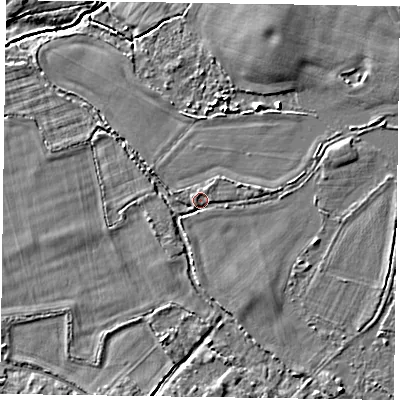 Shaded relief map of the ground around RG100DJ, computed from Environment Agency LiDAR. The ground here sits at about 37 m above sea level and falls 4 m across the surrounding 800 m. Surface water reaching this point runs off ground lying to the east-north-east, 1.2 m higher.
