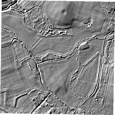 Shaded relief map of the ground around RG100DL, computed from Environment Agency LiDAR. The ground here sits at about 37 m above sea level and falls 5 m across the surrounding 800 m. Surface water reaching this point runs off ground lying to the north-west, 0.8 m higher.