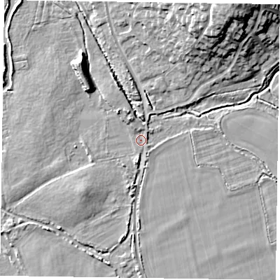 Shaded relief map of the ground around RG100EL, computed from Environment Agency LiDAR. The ground here sits at about 36 m above sea level and falls 16 m across the surrounding 800 m. Surface water reaching this point runs off ground lying to the south, 2.0 m higher.