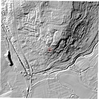 Shaded relief map of the ground around RG100EY, computed from Environment Agency LiDAR. The ground here sits at about 42 m above sea level and falls 18 m across the surrounding 800 m. Surface water reaching this point runs off ground lying to the north-north-east, 8.9 m higher.
