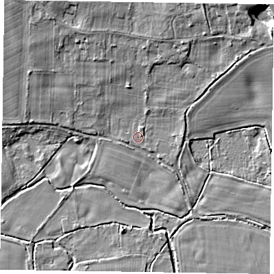 Shaded relief map of the ground around RG100HE, computed from Environment Agency LiDAR. The ground here sits at about 37 m above sea level and falls 7 m across the surrounding 800 m. Surface water reaching this point runs off ground lying to the north-west, 5.2 m higher.