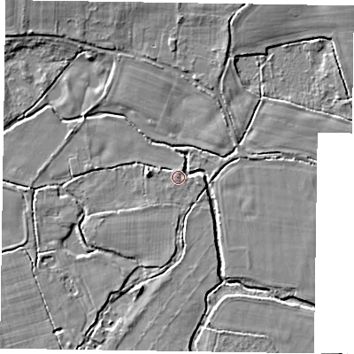 Shaded relief map of the ground around RG100HH, computed from Environment Agency LiDAR. The ground here sits at about 37 m above sea level and falls 4 m across the surrounding 800 m. Surface water reaching this point runs off ground lying to the east, 2.1 m higher.