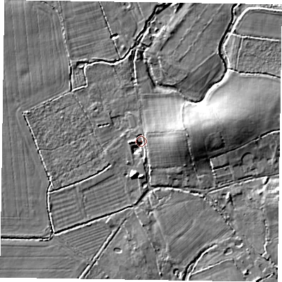 Shaded relief map of the ground around RG100NJ, computed from Environment Agency LiDAR. The ground here sits at about 38 m above sea level and falls 8 m across the surrounding 800 m. Surface water reaching this point runs off ground lying to the east, 6.7 m higher.