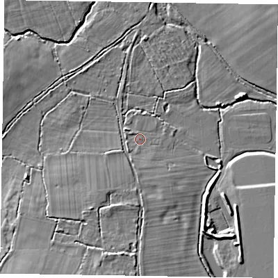 Shaded relief map of the ground around RG100PL, computed from Environment Agency LiDAR. The ground here sits at about 38 m above sea level and falls 7 m across the surrounding 800 m. Surface water reaching this point runs off ground lying to the south, 1.5 m higher.