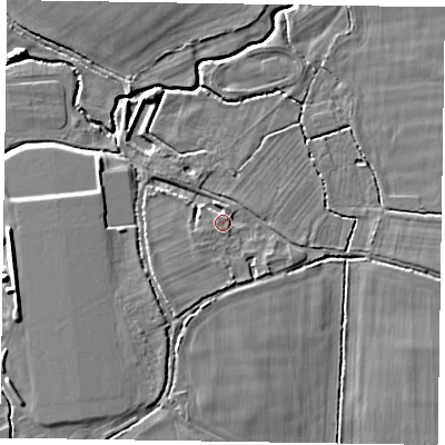 Shaded relief map of the ground around RG100QD, computed from Environment Agency LiDAR. The ground here sits at about 39 m above sea level and falls 7 m across the surrounding 800 m. Surface water reaching this point runs off ground lying to the south-west, 3.1 m higher.
