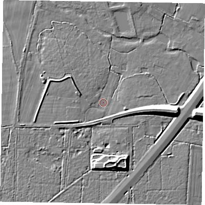 Shaded relief map of the ground around RG100QQ, computed from Environment Agency LiDAR. The ground here sits at about 40 m above sea level and falls 10 m across the surrounding 800 m. Surface water reaching this point runs off ground lying to the west-north-west, 3.1 m higher.
