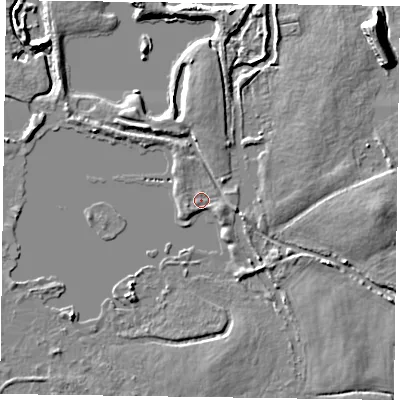 Shaded relief map of the ground around RG100RA, computed from Environment Agency LiDAR. The ground here sits at about 37 m above sea level and falls 7 m across the surrounding 800 m. Surface water reaching this point runs off ground lying to the east-south-east, 1.2 m higher.