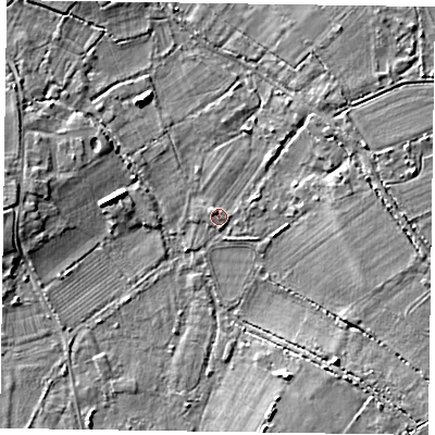 Shaded relief map of the ground around RG100RJ, computed from Environment Agency LiDAR. The ground here sits at about 37 m above sea level and falls 4 m across the surrounding 800 m. Surface water reaching this point runs off ground lying to the east, 2.6 m higher.