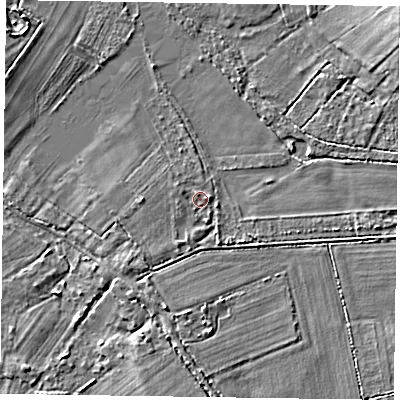 Shaded relief map of the ground around RG100RL, computed from Environment Agency LiDAR. The ground here sits at about 37 m above sea level and falls 6 m across the surrounding 800 m. Surface water reaching this point runs off ground lying to the south-west, 1.4 m higher.