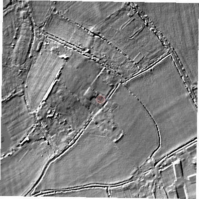 Shaded relief map of the ground around RG100RR, computed from Environment Agency LiDAR. The ground here sits at about 40 m above sea level and falls 8 m across the surrounding 800 m. Surface water reaching this point runs off ground lying to the north-west, 0.6 m higher.