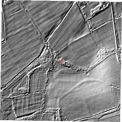 Shaded relief map of the ground around RG100RT, computed from Environment Agency LiDAR. The ground here sits at about 38 m above sea level and falls 8 m across the surrounding 800 m. Surface water reaching this point runs off ground lying to the south-east, 6.6 m higher.