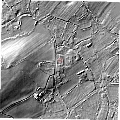 Shaded relief map of the ground around RG100RU, computed from Environment Agency LiDAR. The ground here sits at about 39 m above sea level and falls 9 m across the surrounding 800 m. Surface water reaching this point runs off ground lying to the west-south-west, 4.3 m higher.