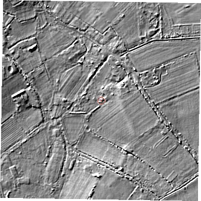 Shaded relief map of the ground around RG100RW, computed from Environment Agency LiDAR. The ground here sits at about 37 m above sea level and falls 4 m across the surrounding 800 m. Surface water reaching this point runs off ground lying to the east, 1.6 m higher.