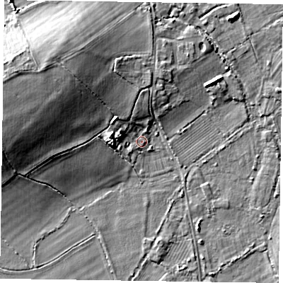 Shaded relief map of the ground around RG100RX, computed from Environment Agency LiDAR. The ground here sits at about 38 m above sea level and falls 9 m across the surrounding 800 m. Surface water reaching this point runs off ground lying to the north-west, 7.0 m higher.