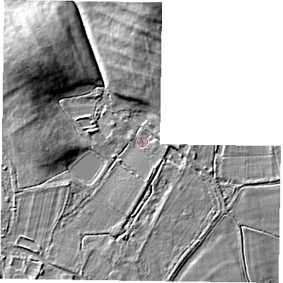 Shaded relief map of the ground around RG100SS, computed from Environment Agency LiDAR. The ground here sits at about 38 m above sea level and falls 8 m across the surrounding 800 m. Surface water reaching this point runs off ground lying to the south-east, 1.8 m higher.