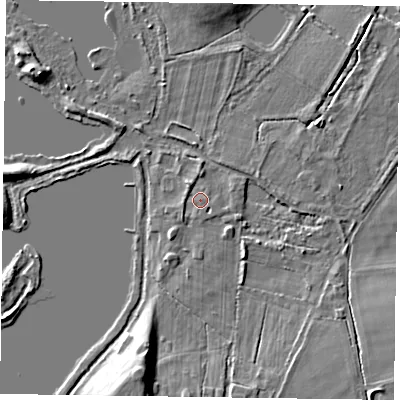 Shaded relief map of the ground around RG100SU, computed from Environment Agency LiDAR. The ground here sits at about 38 m above sea level and falls 7 m across the surrounding 800 m. Surface water reaching this point runs off ground lying to the south-south-east, 3.2 m higher.