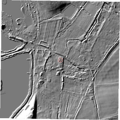 Shaded relief map of the ground around RG100SX, computed from Environment Agency LiDAR. The ground here sits at about 39 m above sea level and falls 7 m across the surrounding 800 m. Surface water reaching this point runs off ground lying to the south-south-east, 1.7 m higher.
