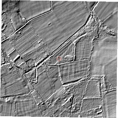 Shaded relief map of the ground around RG100SY, computed from Environment Agency LiDAR. The ground here sits at about 39 m above sea level and falls 4 m across the surrounding 800 m. Surface water reaching this point runs off ground lying to the west-south-west, 0.7 m higher.