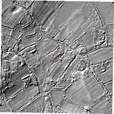 Shaded relief map of the ground around RG100TD, computed from Environment Agency LiDAR. The ground here sits at about 37 m above sea level and falls 5 m across the surrounding 800 m. Surface water reaching this point runs off ground lying to the west-south-west, 4.4 m higher.