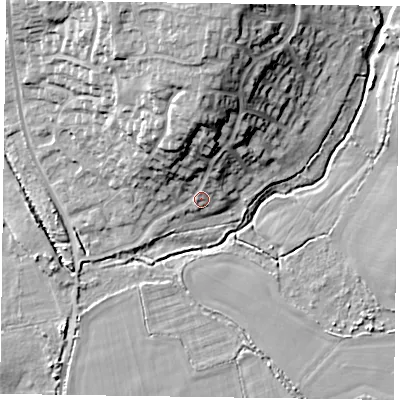 Shaded relief map of the ground around RG100XA, computed from Environment Agency LiDAR. The ground here sits at about 38 m above sea level and falls 17 m across the surrounding 800 m. Surface water reaching this point runs off ground lying to the north, 12.8 m higher.