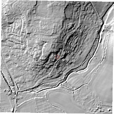 Shaded relief map of the ground around RG100XH, computed from Environment Agency LiDAR. The ground here sits at about 43 m above sea level and falls 18 m across the surrounding 800 m. Surface water reaching this point runs off ground lying to the north-north-west, 8.3 m higher.