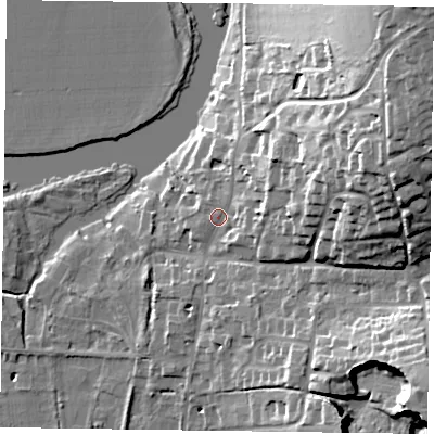 Shaded relief map of the ground around RG108BY, computed from Environment Agency LiDAR. The ground here sits at about 38 m above sea level and falls 36 m across the surrounding 800 m. Surface water reaching this point runs off ground lying to the east-north-east, 9.5 m higher.