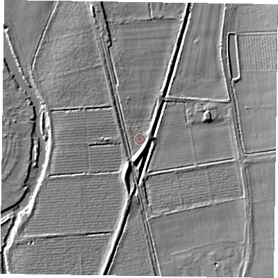 Shaded relief map of the ground around RG108DJ, computed from Environment Agency LiDAR. The ground here sits at about 35 m above sea level and falls 9 m across the surrounding 800 m. Surface water reaching this point runs off ground lying to the south, 5.2 m higher.
