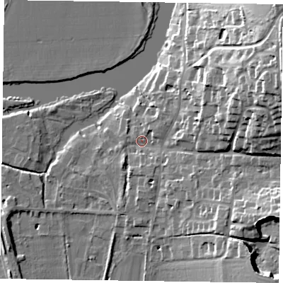Shaded relief map of the ground around RG108EP, computed from Environment Agency LiDAR. The ground here sits at about 36 m above sea level and falls 32 m across the surrounding 800 m. Surface water reaching this point runs off ground lying to the east-north-east, 23.1 m higher.