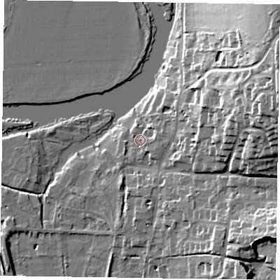 Shaded relief map of the ground around RG108ET, computed from Environment Agency LiDAR. The ground here sits at about 36 m above sea level and falls 34 m across the surrounding 800 m. Surface water reaching this point runs off ground lying to the east-south-east, 2.8 m higher.