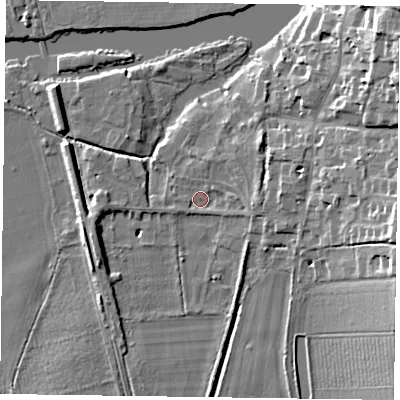 Shaded relief map of the ground around RG108EU, computed from Environment Agency LiDAR. The ground here sits at about 35 m above sea level and falls 15 m across the surrounding 800 m. Surface water reaching this point runs off ground lying to the east, 3.1 m higher.